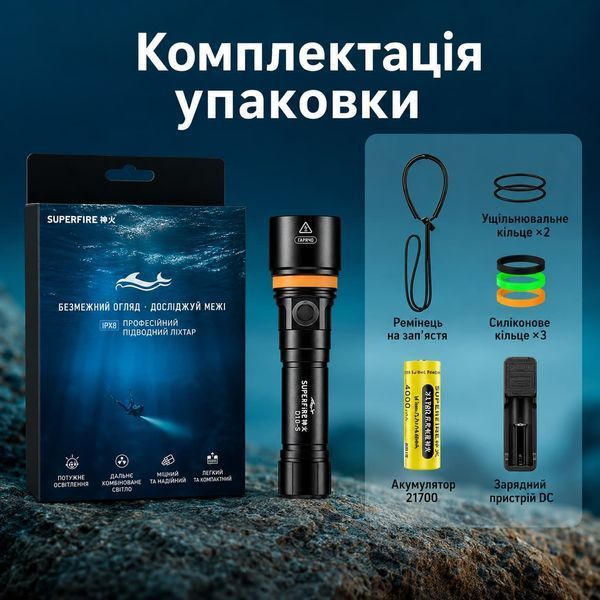 Ліхтар ручний для дайвінгу DL01 SuperFire 1400 Lumen IPX8 DL01 фото
