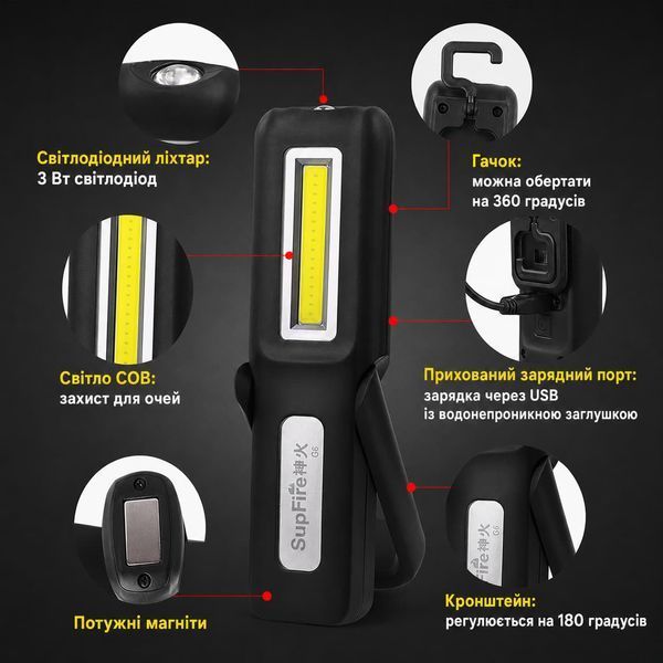 Ліхтар багатофункційний акумуляторний на магніті G6 SuperFire 250 Lumen IP43 G6 фото